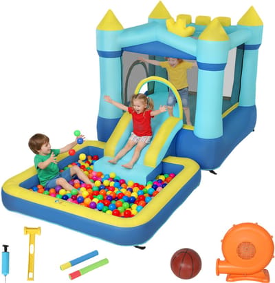 Opblaasbaar springkasteel speelcentrum met glijbaan, trampoline, ballenbak/zwembadje, waterpistool en ventilator - 364x173x182 cm, blauw