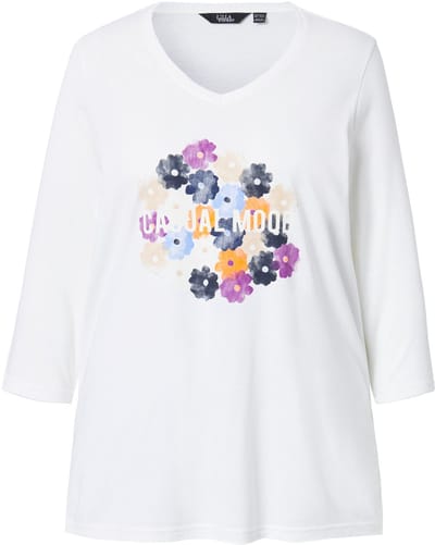 Ulla Popken - Dames - Shirt bloemen classic V-hals 3/4-mouwen - Off-white - Maat 46+