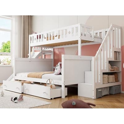 ModernLuxe Stapelbed 90x200 + 140x200 cm - massief hout - met glijbaan, plank en 2 grote lades - Wit