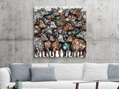 Doodle vee schilderij | Koeienparade: Een vrolijke en kleurrijke Doodle-kunstexplosie op doek | Kunst - 50x50 centimeter op Dibond | Foto op Dibond