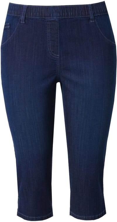 Ulla Popken - Dames - Jeanscapri Sienna strakke pijp elastische tailleband - Donkerblauw denim - Maat 46
