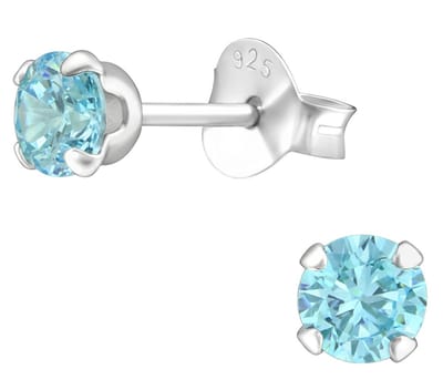 Joy|S - Zilveren ronde oorbellen - 4 mm - aqua blauw - oorknoppen - zirkonia - kinderoorbellen