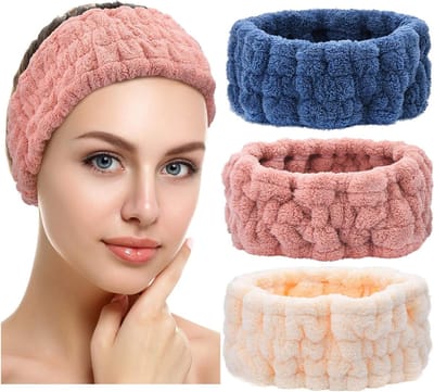 Set van 3 Zachte Hoofdbanden voor Vrouwen - Ideaal voor Make-up, Gezichtsmaskers en Douchegebruik in Donkerroze, Donkerblauw en Melkwit