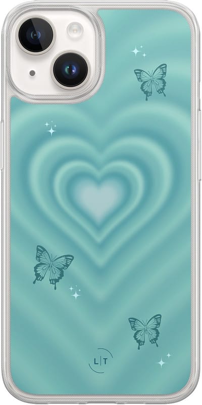 Hoesje geschikt voor iPhone 14 - Retro hart vlinder - 2in1 backcover - Print / Illustratie - Blauw - Leuke Telefoonhoesjes