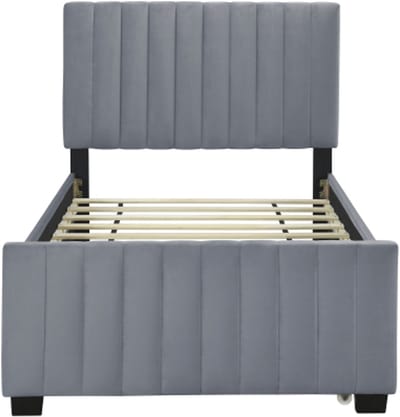 Gotagee Gestoffeerd bed 90 x 190 cm met uitschuifbaar bed, vlak eenpersoonsbed in fluwelen stof, kinderbed, jeugdbed, logeerbed (grijs)