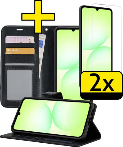 Hoesje - Met 2x Screenprotector - Geschikt voor Samsung Galaxy A07 - Luxe Pasjeshouder - Bookcase Portemonee - Flip Case - Kunstleer Book Case - Flipcase Hoes - Book Cover - Walletcase - Portemonneehoes - Telefoonhoesjes - Zwart