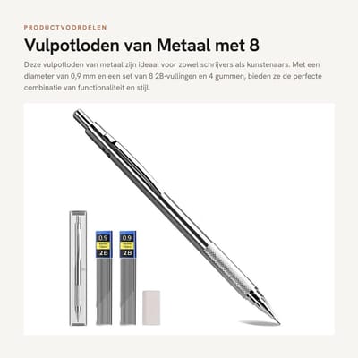 Dailygoods- Vulpotloden 0,9 mm - Metalen Vulpotlood - 8 2B-vullingen - 4 Gummen - Automatisch Potlood - Perfect voor Schrijven/Schetsen - Mechanisch Potlood
