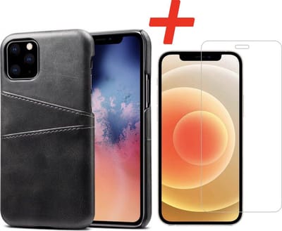 Backcover geschikt voor Apple iPhone 12 / 12 Pro - Zwart - PU Leer - Pasjeshouder + Glas Protector