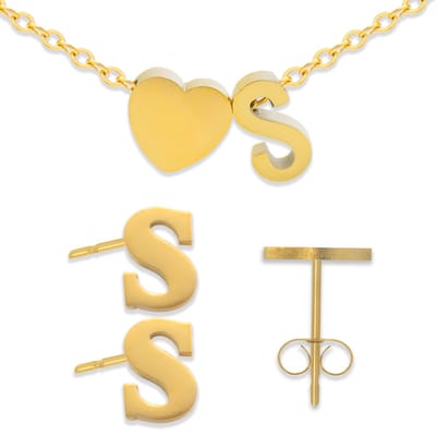 Initiaal Armband & Oorbellen set met Letter S Goudkleurig - Stainless Steel - Met letter & Hartje! - 2x Sieraden Cadeau - Pax Amare