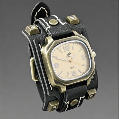 Vintage Klinknagels Echt Leer Heren Kwarts Horloge Met Handgestikte Brede Leren Band Punk Hip Hop Stijl black