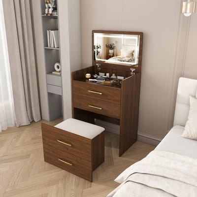 Intebiki - Kaptafel - 3-in-1 kaptafel (met open spiegel) - Draagbare kaptafel - Compacte kaptafel met 3 lades - Walnootkleur - 60 cm (B) / 118 cm (H) / 40 cm (D) - Kaptafel, nachtkastje en stoel