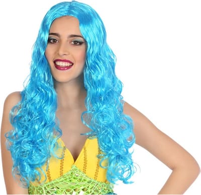 Atosa Verkleedpruik Dames Fantasia - Blauw - lang golvend haar - Beroemdheid - Fantasy/festival/prinses/zeemeermin - carnaval