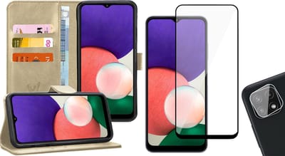 Hoesje geschikt voor Samsung Galaxy A22 5G - Bookcase Goud - Full Screenprotector - Camera Screen Protector - Portemonnee Hoesje