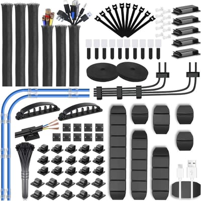 Kabelmanagementkit en snoerorganizer - 188 stuks kabelnetjes - 6 kabelhoezen - 50 kabelclips - 2 rollen - 20 bevestigingstapes - 10 ritssluitingsbevestigingen - 100 kabelbinders