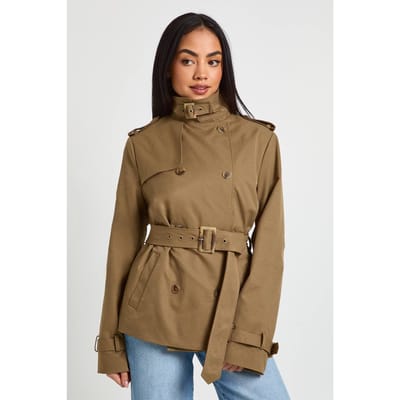 boohoo Dames Korte Trenchcoat Met Ceintuur In Utility-stijl | Paddestoel | Maat: 40