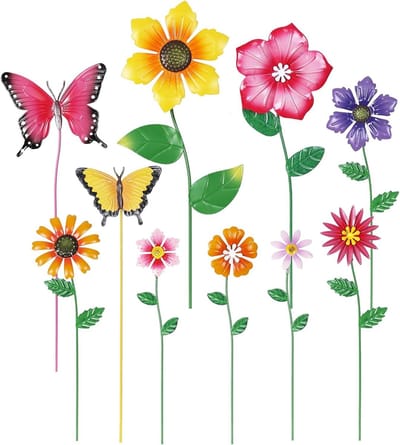 Tuindecoratie Set - Bloemen Palen - Tuin Verfraaien - Metalen Vlinders Bloemen - 10 Stuks - Veelkleurig
