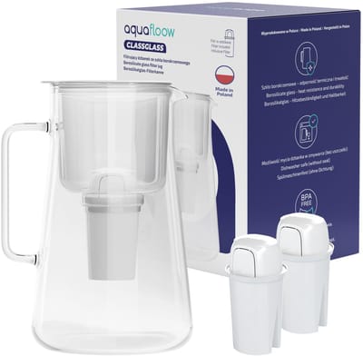 AquaFloow Waterfilterkan 3L AquaFloow ClassGlass - van borosilicaatglas - BPA-vrij - vermindert chloor, kalkaanslag en verontreinigingen - set met 3x waterfilter AquaFloow Class- wit