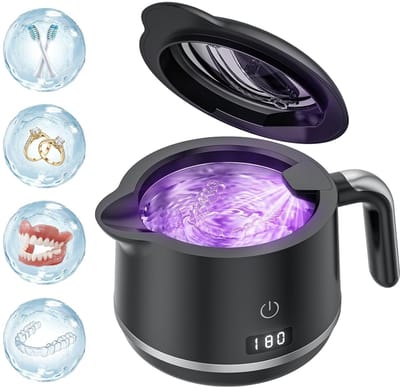 Reinigingscapsule voor gebitsreiniging - 45 kHz ultrasone reinigingsmachine voor kunstgebitten, gebitsbeschermers, beugels, aligners en nachtbeugels, digitale timer, 5 standen, 200 ml inhoud, inkt