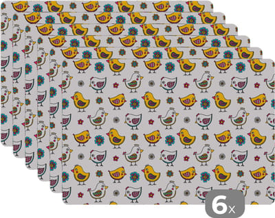 Placemat - Placemats kunststof - Kip - Bloemen - Lente - Patronen - Kinderen - 45x30 cm - 6 stuks - Hittebestendig - Anti-Slip - Onderlegger - Afneembaar