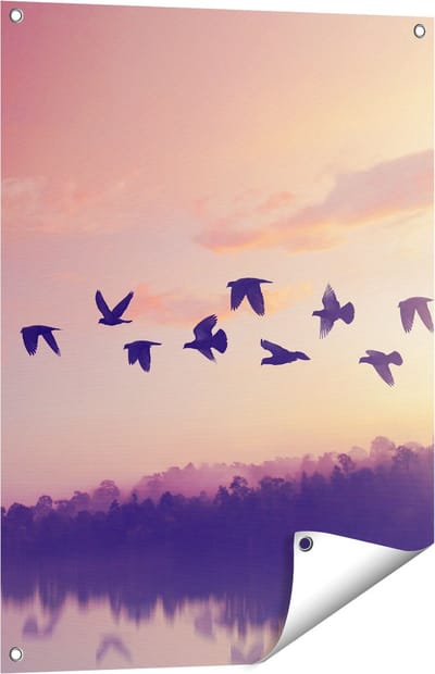 Gards Tuinposter Silhouet Vogels tijdens Zonsondergang - 60x80 cm - Tuindoek - Tuindecoratie - Wanddecoratie buiten - Tuinschilderij
