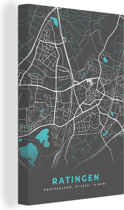 Canvas Schilderij Blauw – Duitsland – Plattegrond – Stadskaart – Kaart – Ratingen - 20x30 cm - Wanddecoratie