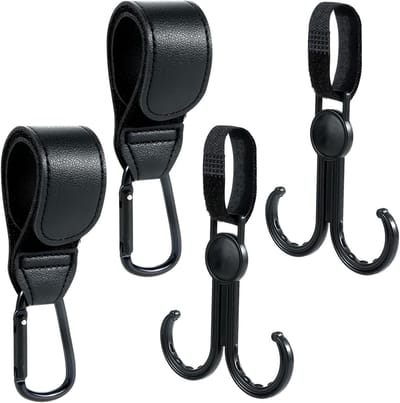 Pram Hooks Set van 4, Handige Tas Hangers voor Kinderwagens, Velcro Bevestiging, Ideaal voor Boodschappen en Accessoires (Zwart)