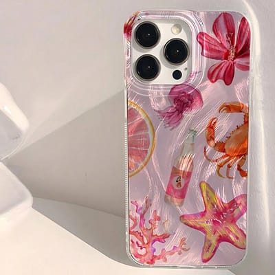 Telefoonhoesje voor iPhone 13 12 11 16 15 14 Pro Max 16E XS X XR 7 8 Plus SE2 Schattig Roze Hart Zeester Koraal Kwal Patroon Hoes For iPhone 14Pro Max