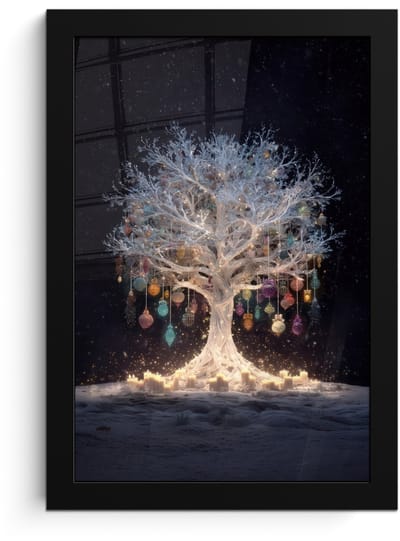 Poster in lijst - Fotolijst 20x30 cm - Posters - Sneeuwboom - Lichtjes - Wit - Kleurrijk - Posterlijst zwart - Decoratie - Wanddecoratie woonkamer - Muurdecoratie slaapkamer - Kerstversiering - Kerstdecoratie voor binnen - Kerstmis