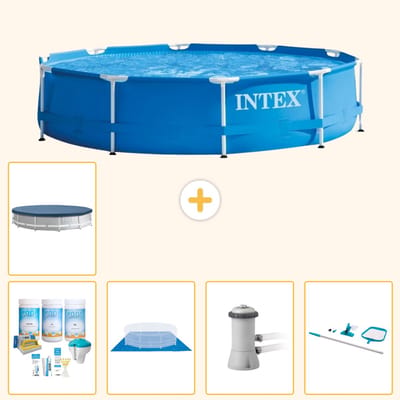 Intex Rond Frame Zwembad - 366 x 76 cm - Blauw - Inclusief Onderhoudspakket - Grondzeil - Zwembadfilterpomp - Schoonmaakset - Afdekzeil - 6-delig