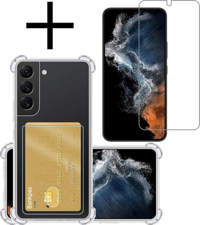 Hoesje - Geschikt voor Samsung Galaxy S22 - Met Screenprotector - En Pashouder - En Kaarthouder - Telefoon Hoes Shockproof - Siliconen Case - Back Cover - Shock Proof - Pasjes Houder - Transparant