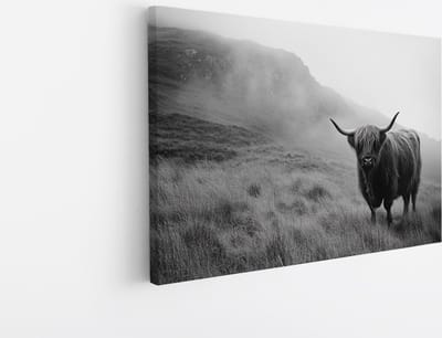 Saammp - Canvas Schilderij - Schotse Hooglander Koe in het hoge gras - Landschap - Dieren - Natuur - 45x30 - Foto op canvas - Wanddecoratie - muurdecoratie Woonkamer - Slaapkamer decoratie - Canvas Print