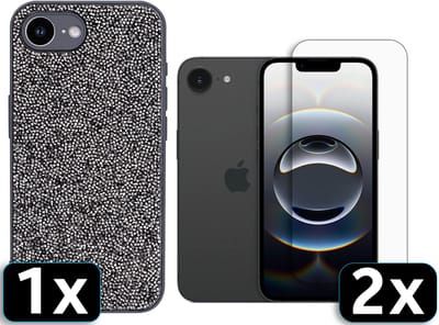 Casemania Hoesje en Glas Geschikt voor Apple iPhone 16e - Zilver - Diamant Glitter Back Cover / 2x Glazen Screenprotector