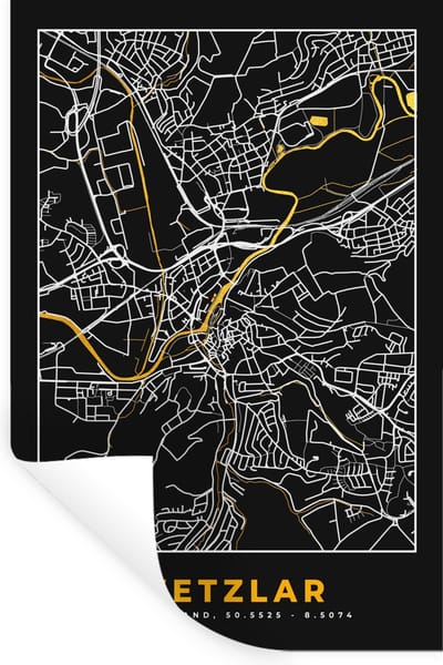 Muurstickers - Sticker Folie - Wetzlar - Goud - Stadskaart - Kaart - Duitsland - Black and Gold - Plattegrond - 20x30 cm - Plakfolie - Muurstickers Kinderkamer - Zelfklevend Behang - Zelfklevend behangpapier - Stickerfolie