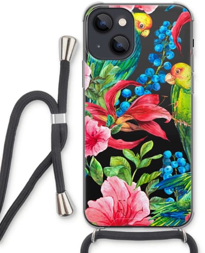 Case Company® - Hoesje met koord geschikt voor iPhone 13 hoesje met Koord - Papegaaien - Telefoonhoesje met Zwart Koord - Bescherming aan alle Kanten en Over de Schermrand