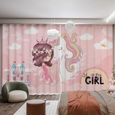 2 Panelen Roze Prinsessenkamer Gordijnpanelen Cartoon Eenhoorn Kasteel Regenboog Print Gordijnen voor Meisjes Kinder Slaapkamer Gordijnen cortina 2x70W185H(CM)&rod pocket