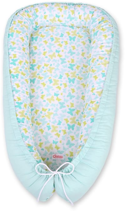 Babynest dubbelzijdig Premium Cocoon voor baby's BOBONO - blauwe vlinders/mint