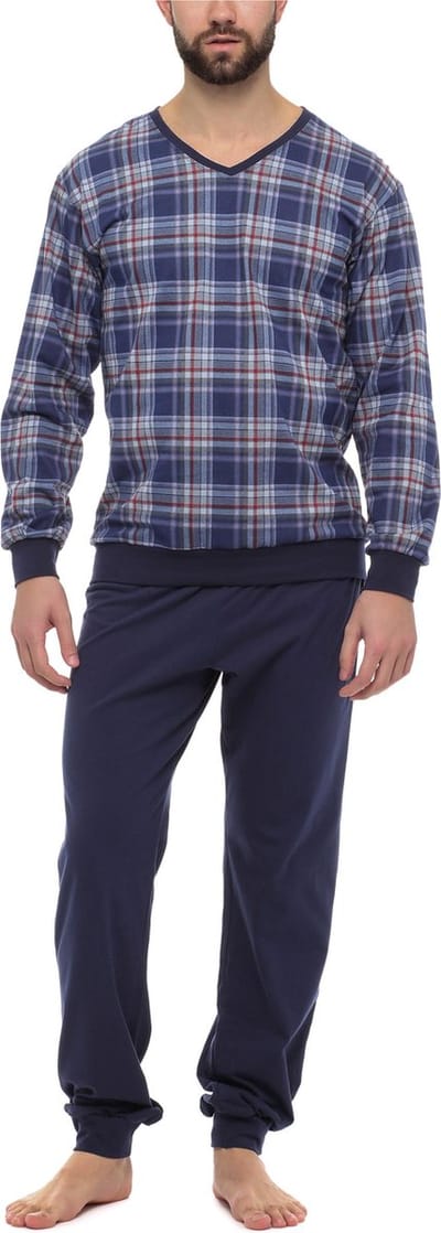 Timone Heren Pyjama - Lang mouwen – Lang broek - Katoen – Geruit7 Navy – S - TI-TI30-107-PJ