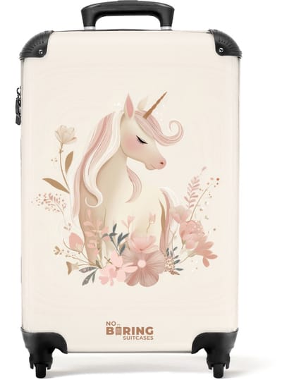 NoBoringSuitcases.com® - Kinderkoffer meisje - Kindertrolley meisjes - Eenhoorn tussen bloemen in roze pastel kleuren - Handbagage koffer lichtgewicht - Reiskoffer trolley kinderen - Rolkoffer met wieltjes - Past binnen 55x40x20 en 55x35x25