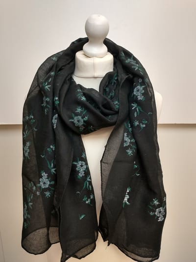 Lange dames sjaal Kirsten-gebloemd motief-antraciet grijs wit groen