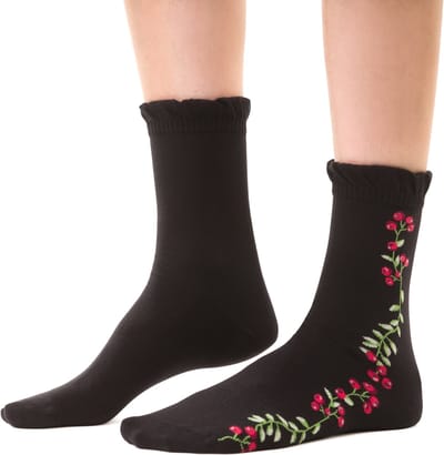 Zwarte retro sokken met ruches-bloemenprint-zacht & naadloos katoen-2 paar-maat 35-37