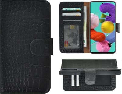 Geschikt voor Samsung Galaxy A51 Hoesje - 4G - Bookcase Hoesje - Samsung A51 Wallet Book Case Echt Leer Croco Zwart Cover