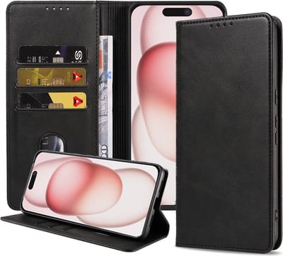 Smartphonica Telefoonhoesje geschikt voor iPhone 15 Plus kunstleren Hoesje met Magnetische sluiting en Pasjeshouders Book Case met Klepje - Zwart geschikt voor iPhone 15 Plus