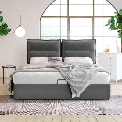 VVBV Gestoffeerd Opbergbed 140x200 cm - Hydraulische Opbergruimte, Lattenbodem - Metaal/Fluweel Grijs - Zonder Matras
