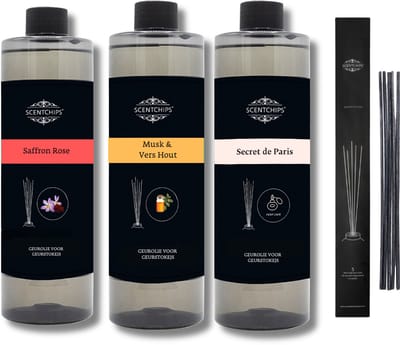 Navulling Saffron Rose + Musk & Vershout + Secret de Paris + Geurstokjes - Geurstokjes Navulling Set van 3 + 5 Geurstokjes - Geurverspreider - Luchtverfrisser - Huisparfum - 400ml x 3