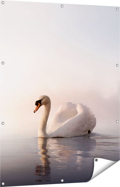 Gards Tuinposter Zwaan in het Water tijdens de Mist - 90x120 cm - Tuindoek - Tuindecoratie - Wanddecoratie buiten - Tuinschilderij
