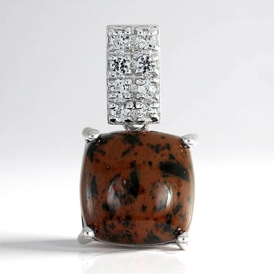 Cavill - Zilveren Hanger - 925 Sterling Zilver - 3,78 ct Mahonie Obsidiaan - 0,216 ct Witte Topaas - Vintage Kussencabochon - Uniek Vrouwen Sieraad