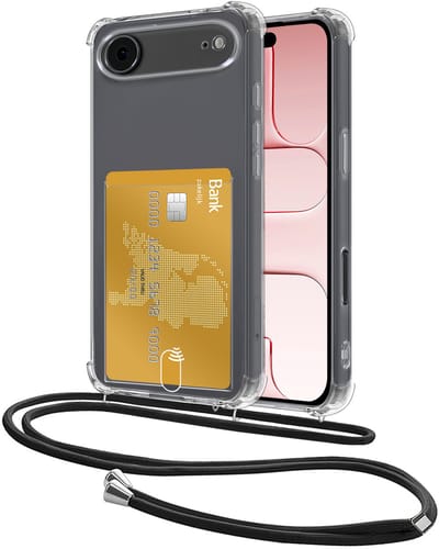 Hoes Geschikt voor Apple iPhone Air Hoesje Pasjeshouder Cover Met Koord Shock Proof Case Siliconen Hoes Met Telefoonkoord en Kaarthouder - Transparant