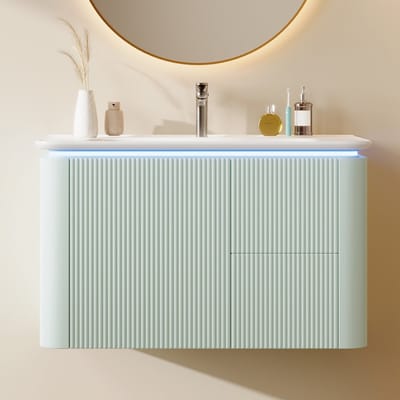 Wishdor - Wandhangend Badkamermeubel - Verticale 3D-Structuur - Led-Sensorverlichting - Modern - MDF En Keramiek - Groen - 80,5 X 47,5 X 51 Cm