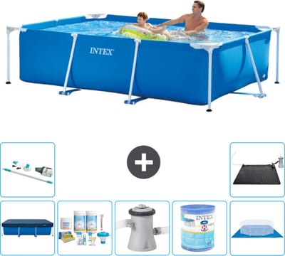 Intex Rechthoekig Frame Zwembad - 260 x 160 x 65 cm - Blauw - Inclusief Afdekzeil - Onderhoudspakket - Zwembadfilterpomp - Filter - Grondzeil - Stofzuiger - Solar Mat - 8-delig