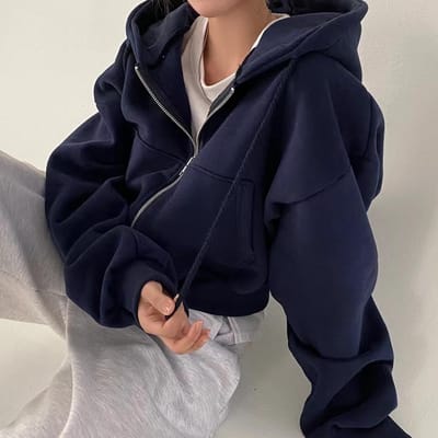 Lente Herfst Nieuw Insfleece gevoerd Veelzijdig Cropped Slims Vormt Silhouet Rits Warm Marineblauw Hoodie Dames M marineblauwe kleur
